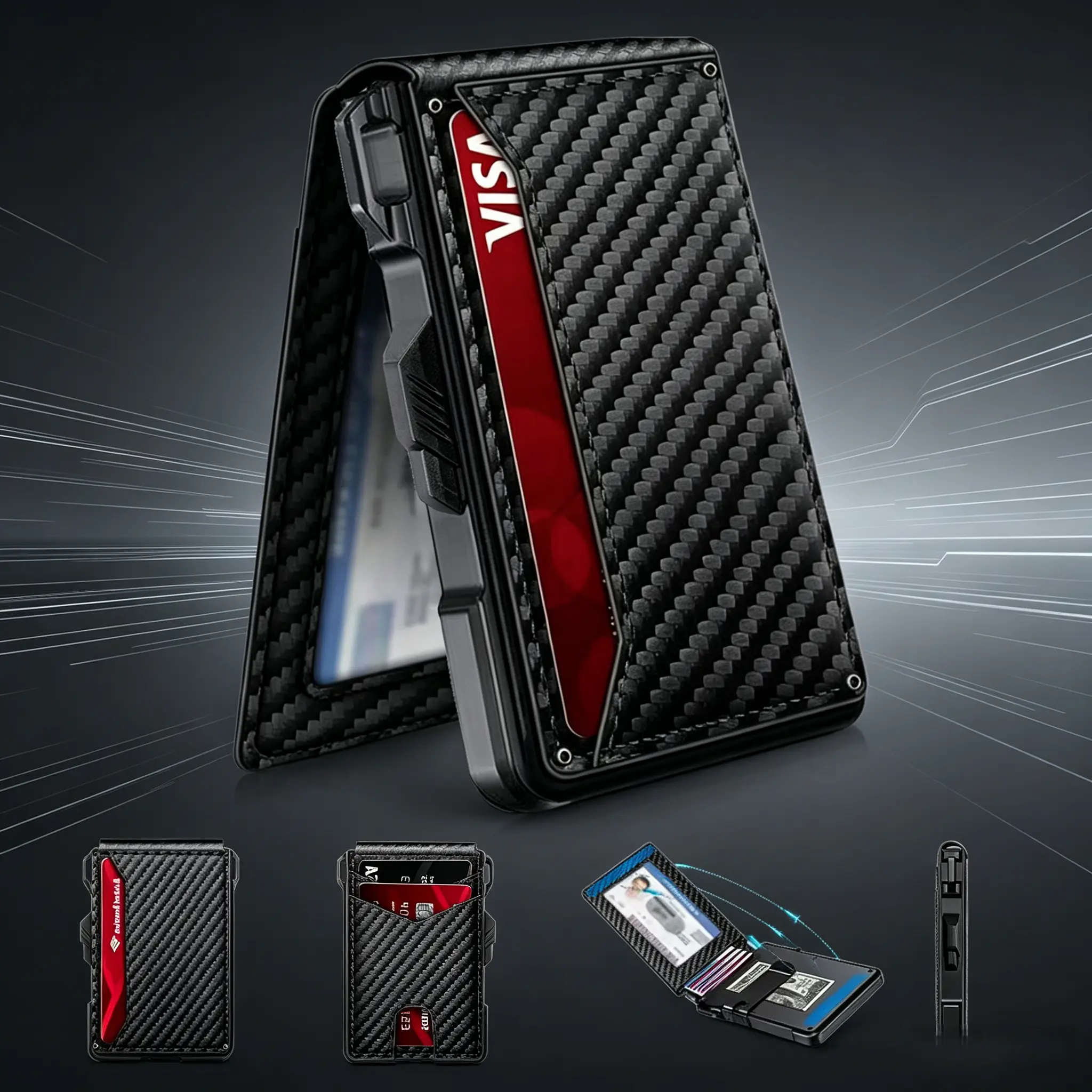 Mens Wallet - Aerospace Alum. Durable 6063 Aerospace Aluminum Carbon Fiber Ultra-Slim Bifold Pop-Up RFID Blocking Minimalist Decluttering Credit Card Holder, Anti-Theft Safe Metal Card Case Organiser Magnetic Gift