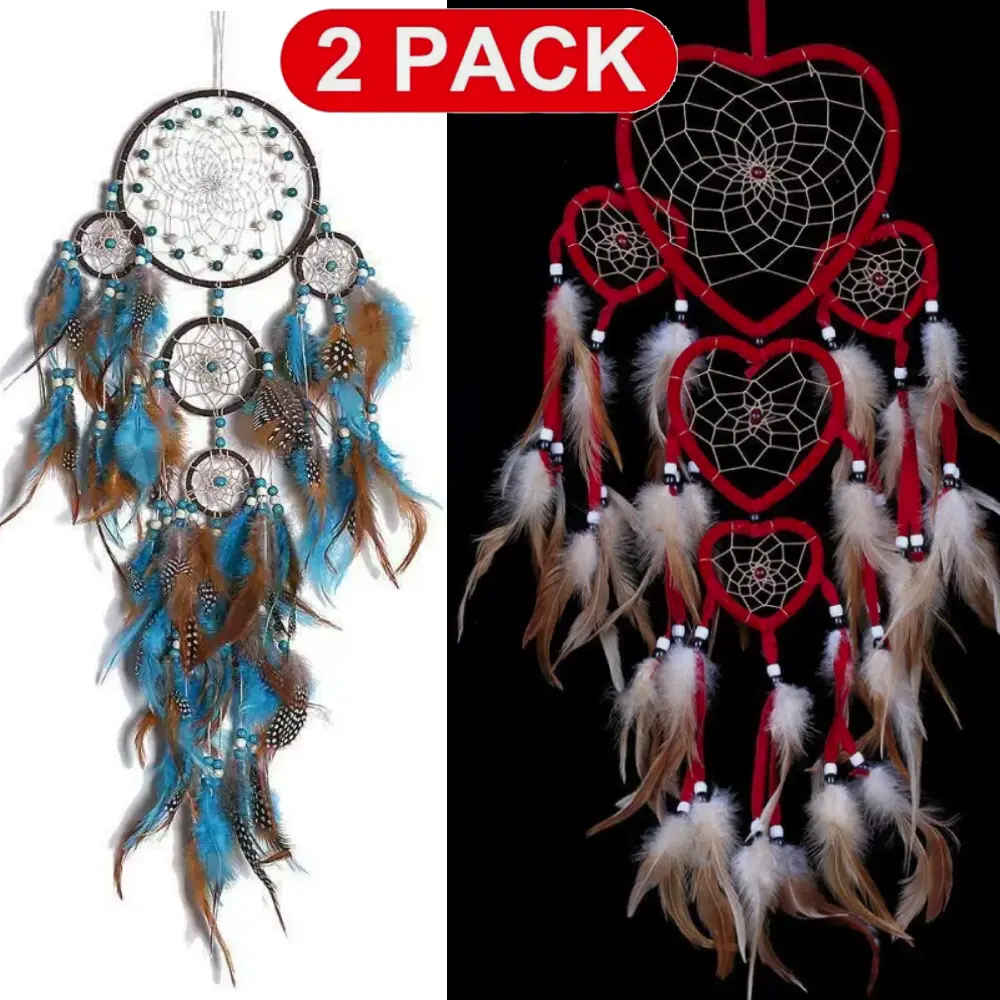 2PCS Dreamcatchers Bohemians Dream Catcher and Red Dream Catcher Five hearts Wall Decors for Bedroom Dorm Room Feathered Hanging Ornament Festival Gift Dream Catcher Wall