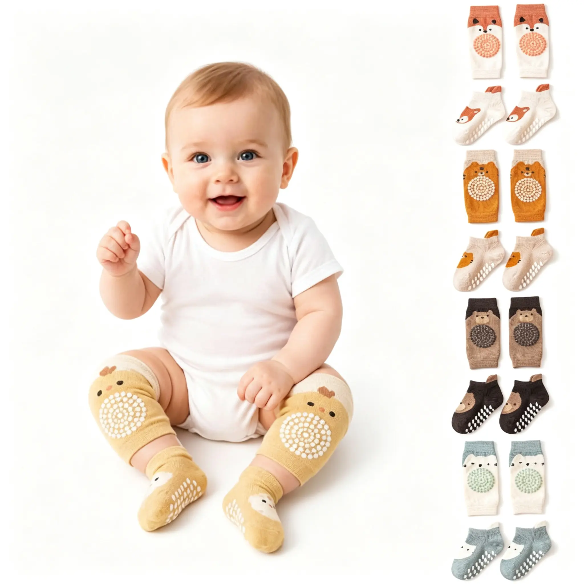 Baby Non Slip Walking Socks & Knee Pads Set, Cute Animal Pattern Silicone Grip Socks and Protective Knee Sleeves for Toddlers 1-3 Years Indoor Activities