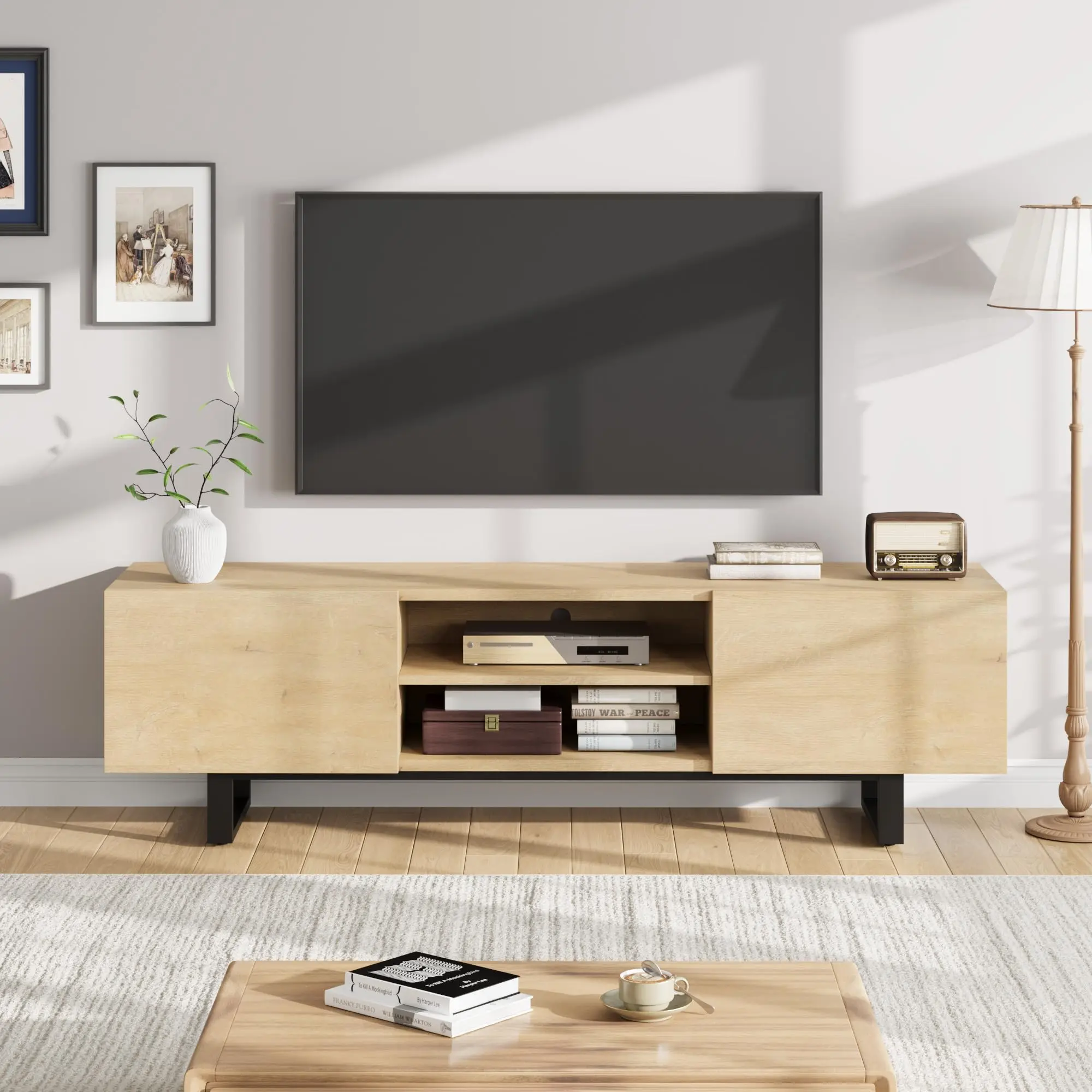 Industrial TV Stand for 80-Inch TVs - Heavy-Duty Wood & Metal Media Console with 2 Drawers, Open Storage - Modern Walnut/Natural Oak Entertainment Center for Living Room