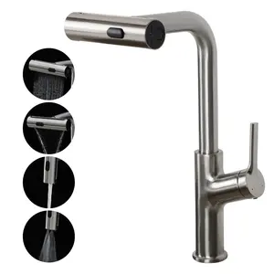 Lordear Waterfall Kichen Faucet with Pull Down Sprayer SUS304 Stainless Steel Kitchen Faucets with 4 Modes 90° Rotating to Switch Mode Elegant Nozzle