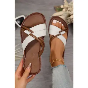 White Criss Cross PU Leather Flat Slippers