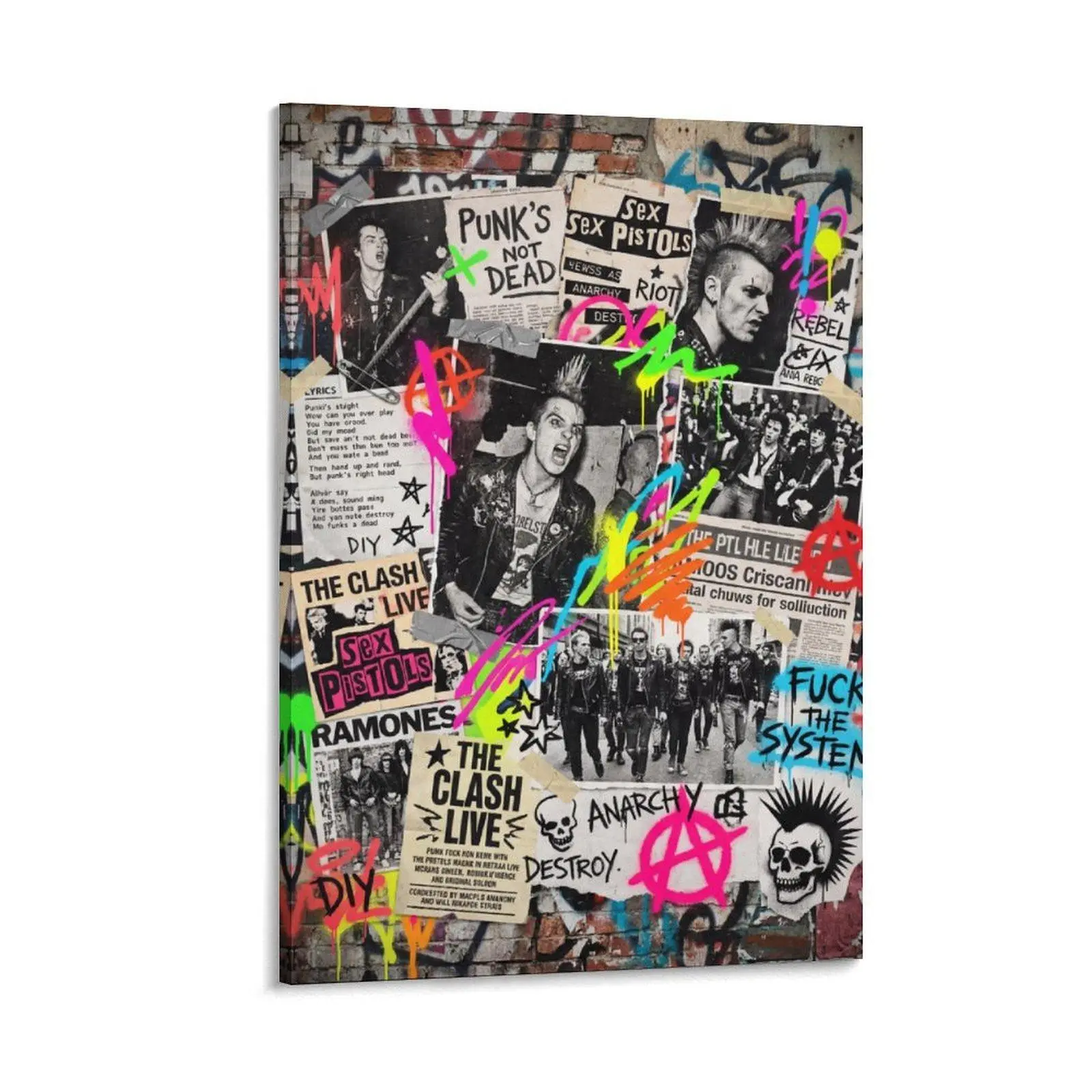 1pc Frameless 2D Flat Punk Rock Canvas Art, Graffiti Collage (Sex Pistols/Clash, Anarchy) Neon DIY Print, Rebellious Decoration Graffiti Decorated Prints for Home (Living Room, Bar)
