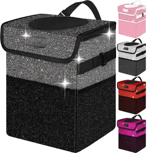 Cute Mini  Trash Bag with Lid, Glitter Garbage Can Bin Hanging for /Front Seat/Console, , Leakproof, 2.5 Gallon, Black Bling Sparkly
