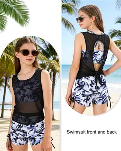 Girls 3 Piece Swimsuits Printed Teen Girl Swimwear with Drawstring 7-16 Years Sport Swimsuits with Shorts Cove Up Tankini Suit Set