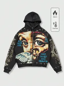 Men's Y2K Retro Vintage Streetwear Hoodie, Loose-Fit Short Jacket, Angel Wings Graffiti Print Zip-Up Sweatshirt, Dark Fashion Trend