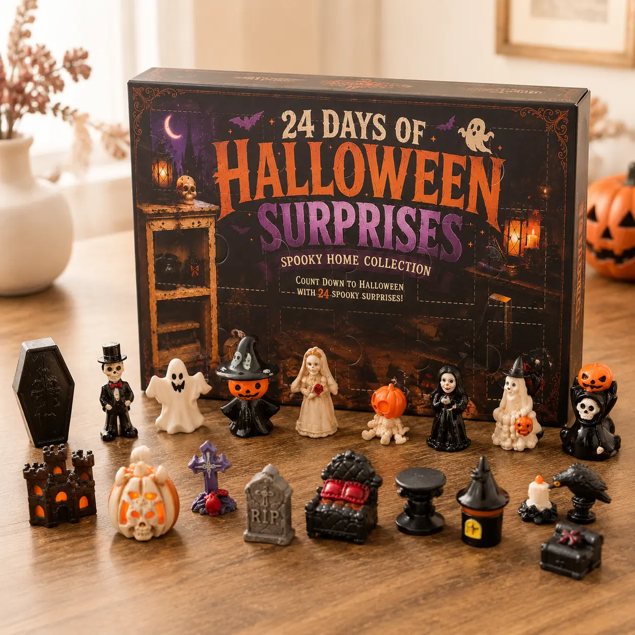 24 Days Spooky Halloween Advent Countdown Calendar, Compact Surprise Calendar with Mini Figures for Children, Halloween Gift & Festive Party Decor