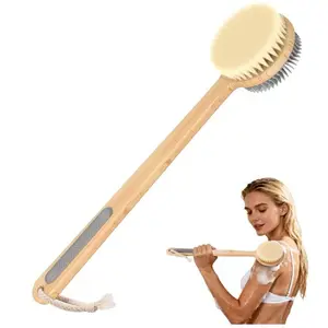 Back Scrubber for Shower - Double-Sided Silicone and Super-Dense Bristles for Deep Cleaning & Exfoliation, Bamboo Long Handle with Wider Anti-Slip Grip, Body Exfoliator for Wet or Dry Brushing