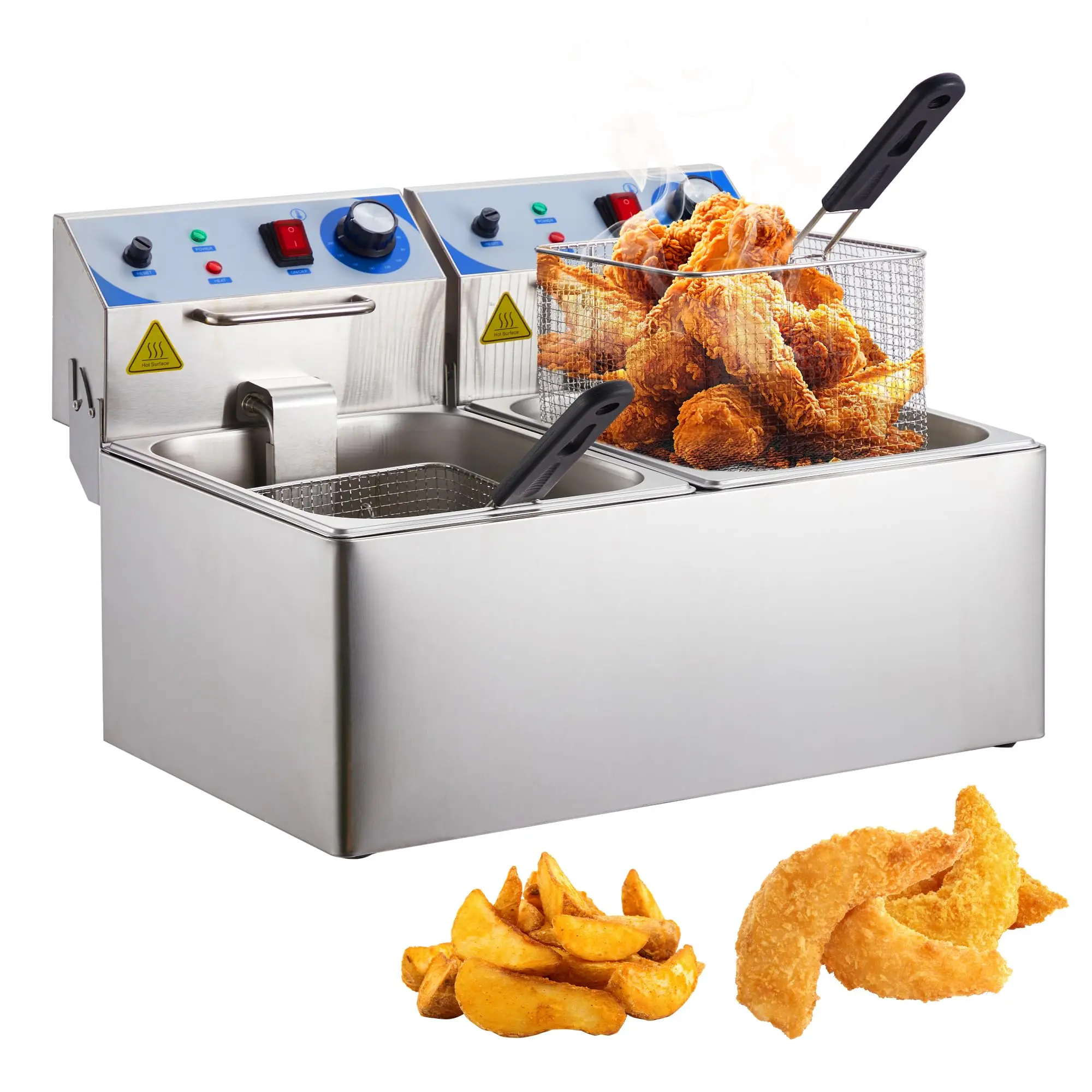 Dual Basket Electric Deep Fryer, 2x10L Stainless Steel Commercial-Grade Fish Fryer for Home Use, Adjustable Temperature Control (170°F-375°F), for Chicken, Fries, Seafood
