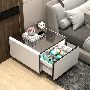 Smart Side Table, Nightstand with Built in Fridge, Mini Coffee Table with 15W Wireless Charging, Modern End Table with USB Chargers and Outlets