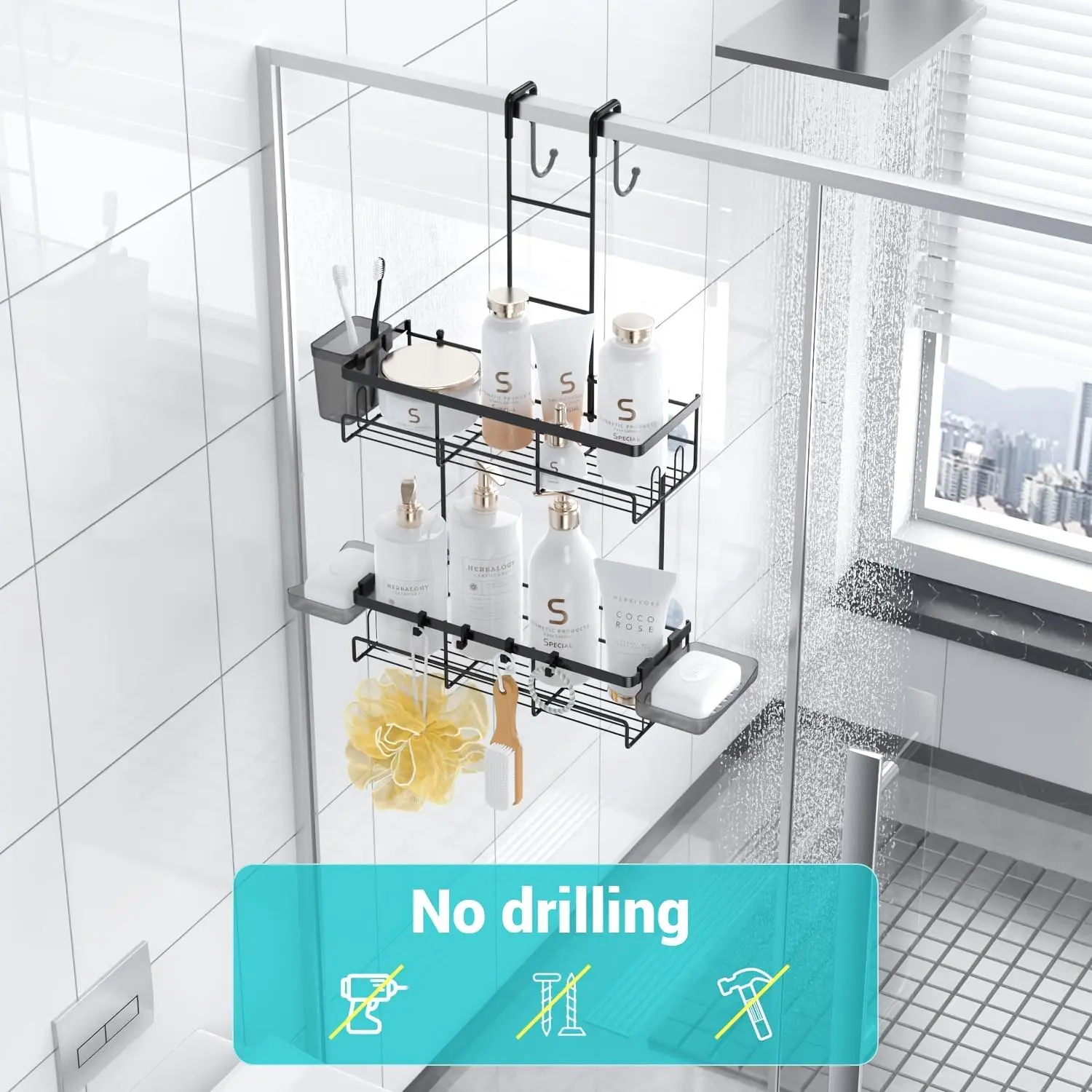 Jabukosu Over-the-Door Hanging Stainless Steel Shower Caddy - Rust-Proof, Durable Modern Shower Organizer, No-Drilling Bathroom Necessity for Interior Use