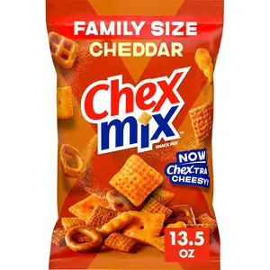 Chex Mix Cheddar Cheese Crunchy Corn Snack Mix, Savory Food Bag, Family Size Cupboard Snack, 13.5 oz