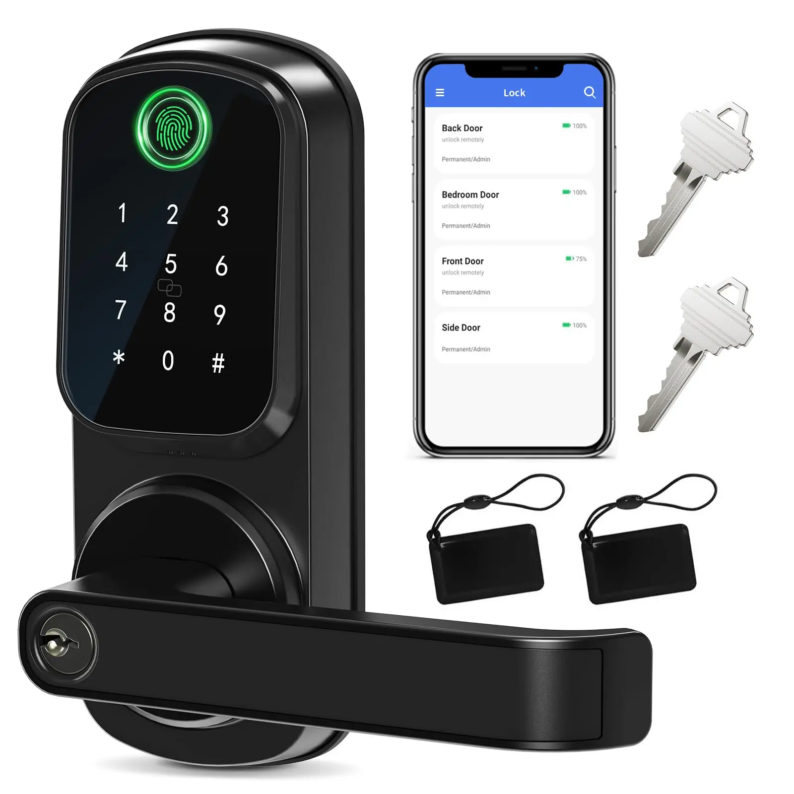 IRONZON Keyless Entry Door Lock with Handle - Smart Door Lock for Front Door 5-in-1 Keypad Door Lock with Handle with Fingerprint, Password, Key, APP Unlocking