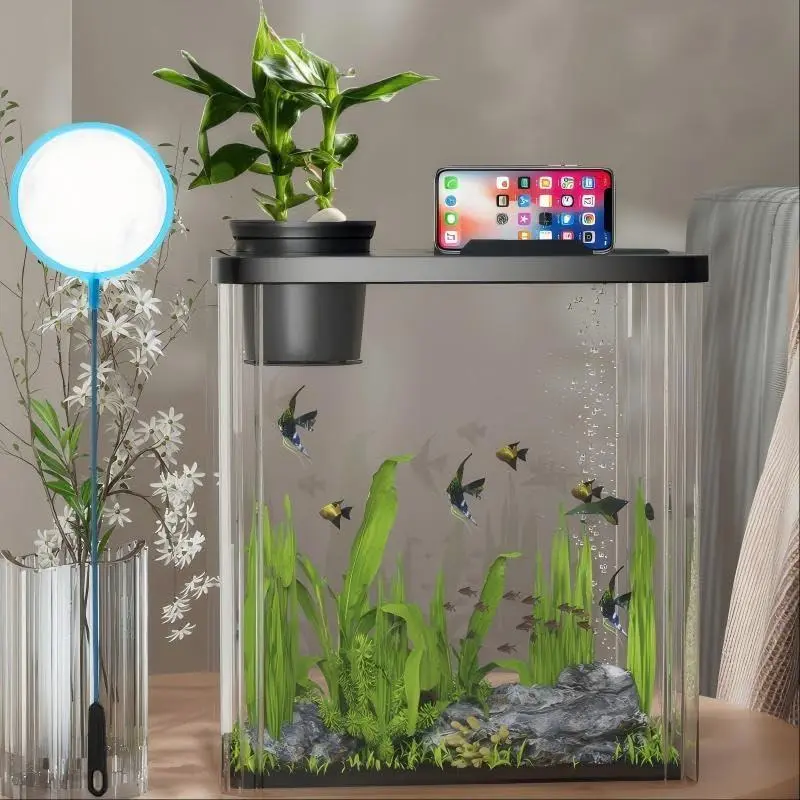 2.5 Gallon Small Fish Tank Kit, Betta Fish Tank with LED Light, Air Pump, Lid, Hydroponic Cup, 7 Pcs Plastic Fish Tank Starter Kits for Beta Fish, Goldfish, Shrimp