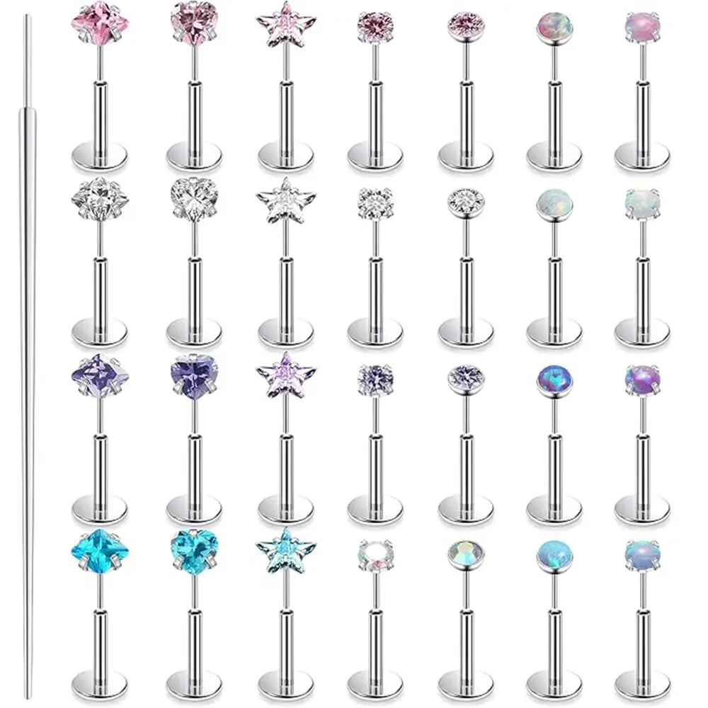 28Pcs Threadless Nose Rings Studs Flat Back Earrings Surgical Stainless Steel Opal Nose Rings Stud Tragus Helix Conch Cartilage Earrings Piercing Jewelry For Women Men Hypoallergenic