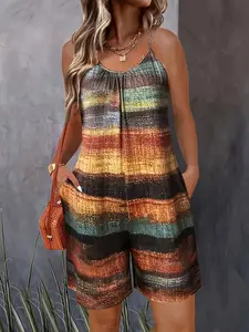 Summer Casual Vacation Fashion Tie-Dye Sleeveless Halter Top Women's Leisure Flowy Overalls Jumpsuit Romper Shorts, Stylish and Comfortable, Perfect for Travel