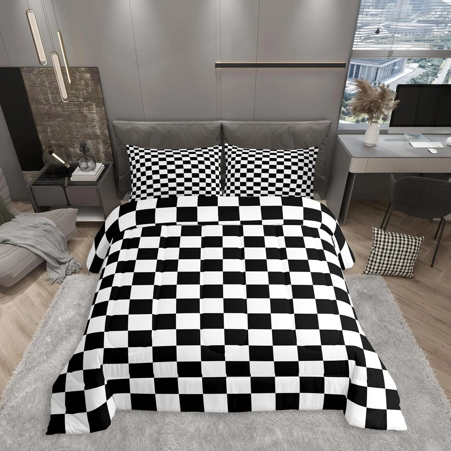 Black and White Plaid Comforter Set,Toddler,Reversible Geometric Square Grid Bedding Set,Kids Boys Teens Room Decor,Soft Lattice Checkerd Down Comforter for All Season