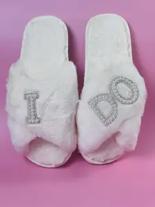 Bridal Fluffy Flats Slip-on I Do Pearl design comfortable cozy sandals wedding