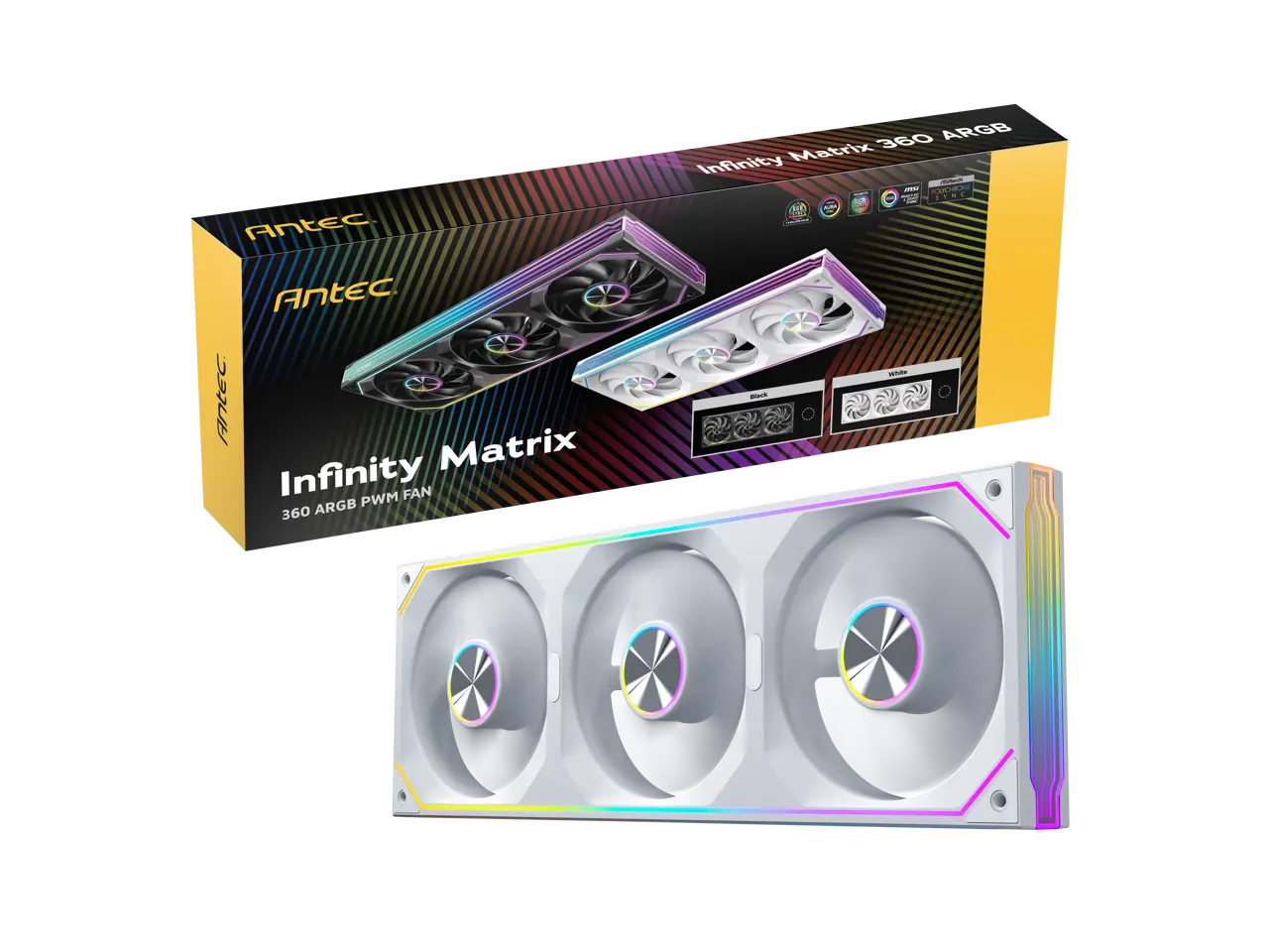 Antec Infinity Matrix 360 ARGB White, 360mm Single-Frame Fan Design, Independent Dual-Cable Design, Four-Sided Infinity Mirror Lighting, PWM 1800 RPM, 5V 3-Pin ARGB