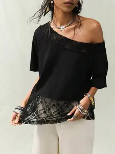 Bohemela Women's Lace Patchwork Asymmetric Collar Top Black Lace Short Sleeve Asymmetrical Shoulder Top