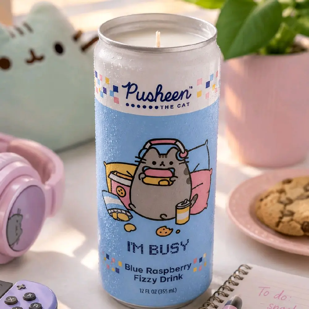 Pusheen “I’m Busy” Blue Raspberry Candle | Repurposed Skinny Can Candle | Hand-Poured Soy Wax | Gamer Room Decor | Cozy Self-Care Gift