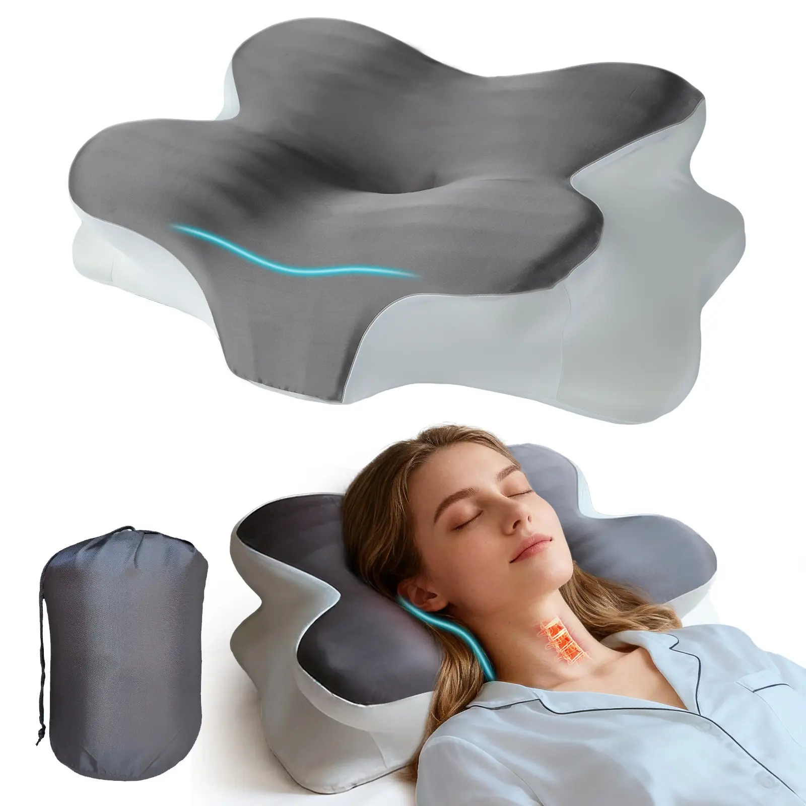 Gray butterfly-shaped neck pillow, Travel neck cushion, ergonomic memory foam pillow, breathable and washable silk pillowcase, suitable for side, back sleepers, with a storage bag, perfect for camping, travel, RV and dorm rooms