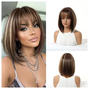 Natural Ombre Brown Highlight Bob Wig with Air Bangs Short Straight Synthetic Full Head Wig for Stylish Looks tiktokshopspringglowup,summervibes summerwins,summerwins