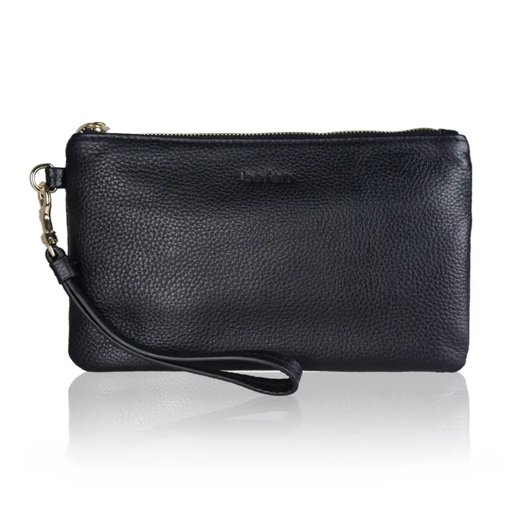 BEFEN Women's Genuine Italian Pebble Leather Zip-Around Wristlet Clutch - Detachable Wrist Strap, Gold Zipper, Retro Holiday Wrist Bag, Minimalist Phone Holder, Elegant Card Case, Durable Pouch