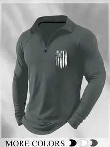 Men's American Flag Half-Zip Stand Collar Gym Shirt, Slim Fit Casual Long Sleeve Top, Vintage Patriotic Style, Fall Fashion, Athletic Sports Clothing