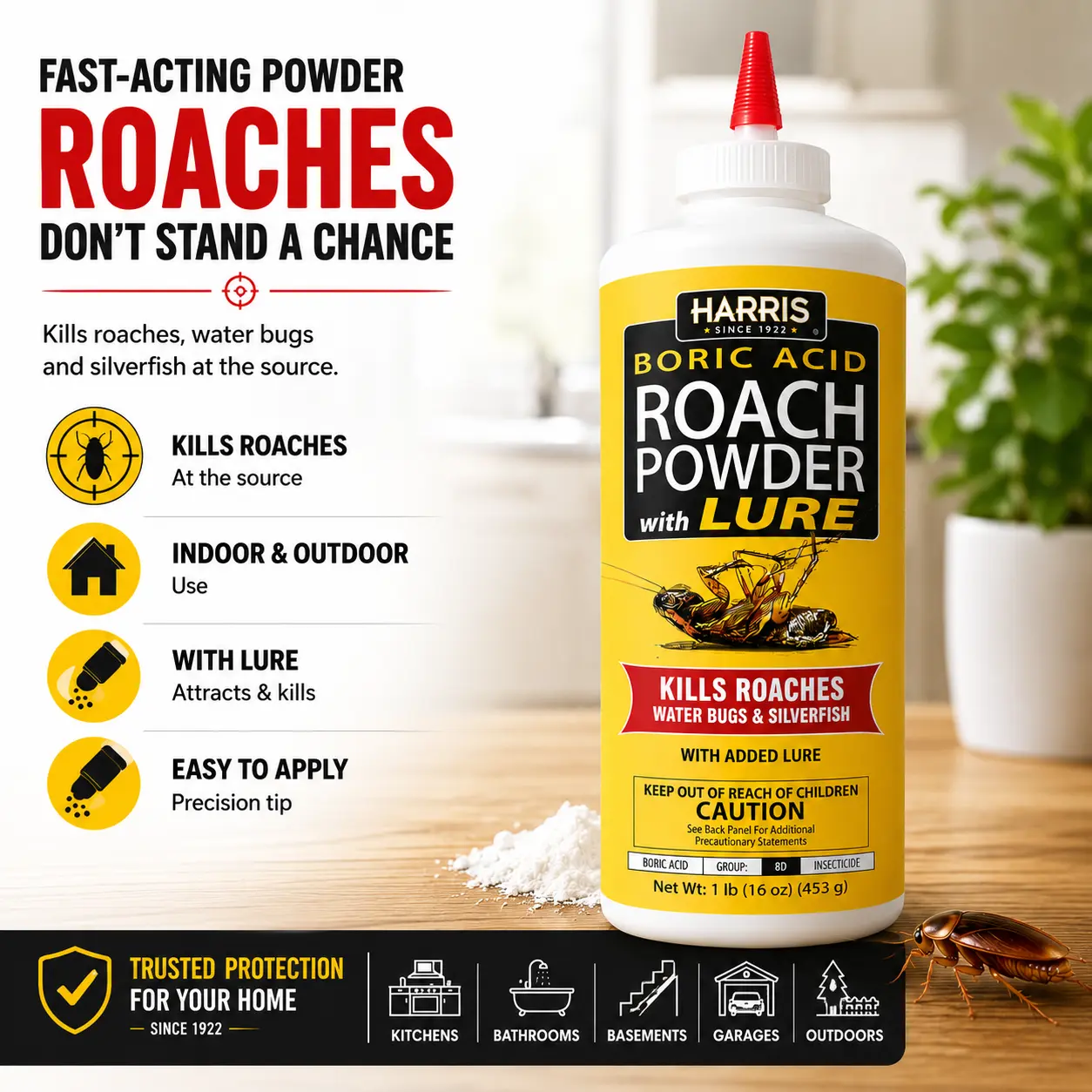 HARRIS Boric Acid Roach and Silverfish Killer Powder w/Lure for Insects (16oz)