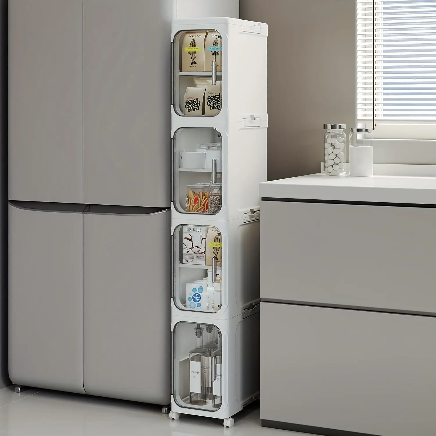 1pc 1/2/3/4-Tier Slim Bathroom Storage Cabinet - Space-Saving Foldable Plastic Organizer with Doors & Shelves, Compact Design for Small Spaces, Kitchen, Dorm, Bedroom, Living Room, Bathroom Organizers And Storage, Dorm Room Storage, Vertical Storage