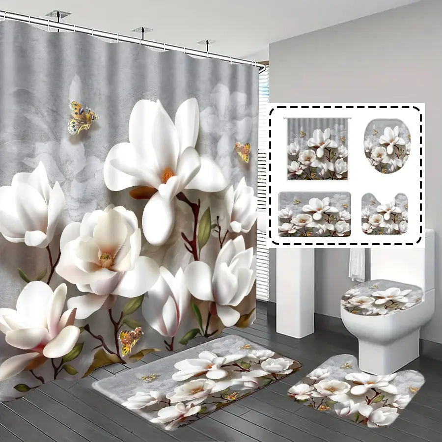 1pc/4pcs, bathroom curtains shower, bathroom set, shower curtains, bathroom rug, home decoration, Bathroom Decoration Accessories, Bathroom Supplies, bath mat, Magnolia pattern, flower theme decoration, with 12 hooks, Shower Curtain Sets