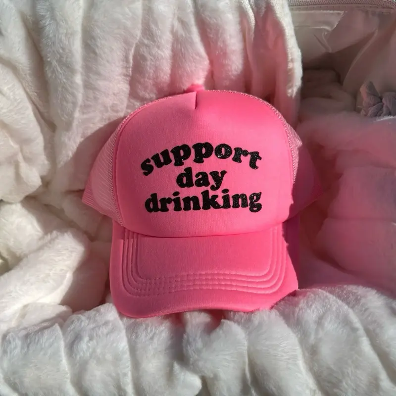 Support day drinking trucker hat - glitter black lettering - adjustable