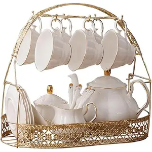 15 count Simple White English Ceramic  Sets, Pot,  Cups Without Metal Holder,Matching Spoons,Afternoon  Set Service Coffee Set