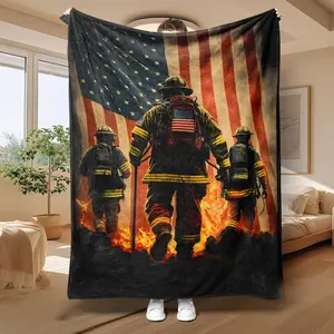 Firefighter Pattern Blanket, American Flag Background Firefighter Pattern Throw, Air-conditioned Room Blanket, Warm Nap Blanket for Home & Office, Napping Throw Blanket, Cozy Chic Blanket