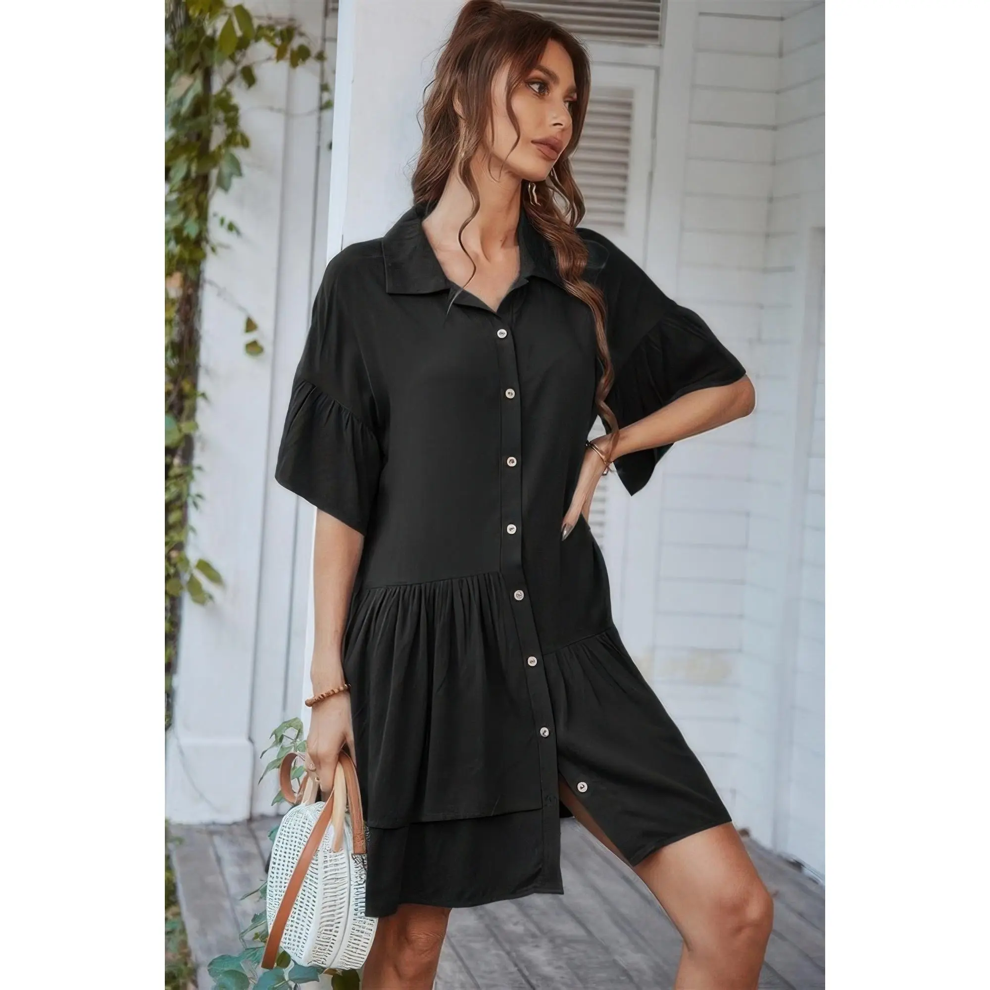 V Neck Solid Tunic Dress