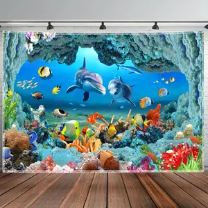 Underwater World Tapestry Ocean Backdrop Marine Life Landscape Wall Hanging Photography Background for Living Room Bedroom Home Decor Indoor Outdoor Party Decoration Polyester