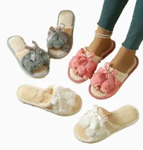 Fluffy Cute Slippers Slide Footwear,Outdoor Butterfly Knot Cotton Slippers, Trendy Non-Slip Outdoor Slippers