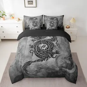 7 Pieces Dragon Comforter Set for Kids,Vintage Black Gray Bedding Set,Comforter for Boys Girls Adult Super Soft Fade Resistant Microfiber Bedding