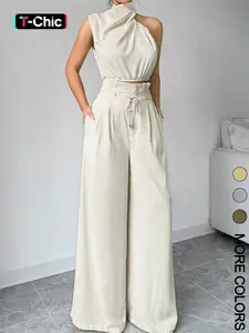Women's Elegant Style Two-Piece Set, Irregular Crop Top & Wide-Leg Pants, Fitted Suit, Plain Pattern, Perfect for Casual Wear
