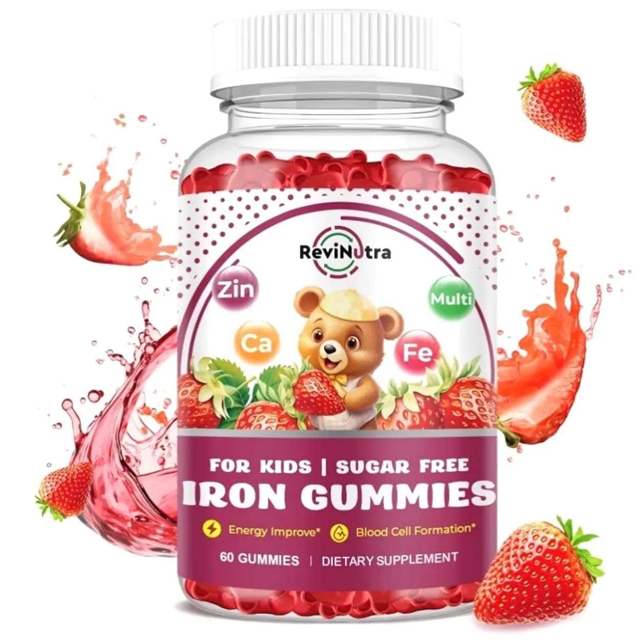 Iron Supplement Gummies for Kids - with Calcium, Zinc, Kids Multivitamin with Iron Gummies - Immune Support, Blood Builder & Energy Support for Iron Deficiency, Anemia, Vegan - 60 Count