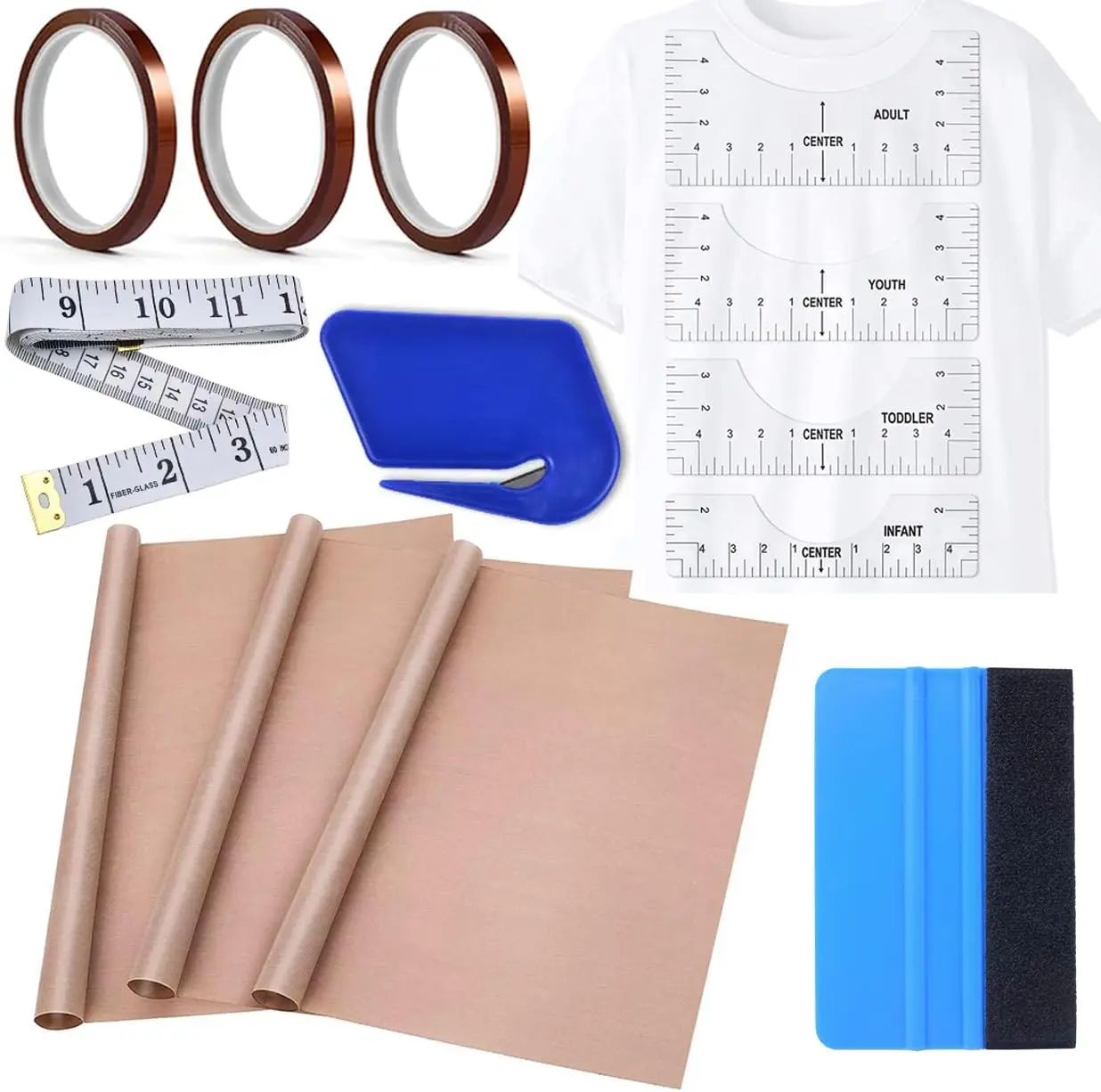 Sublimation Shirt Tool Kit for Iron On & Heat Press - 4 PVC Rulers (Iron On Guide, Center Guide), 3-Pack Reusable PVC Teflon Sheets (12x16in), 2 Rolls Heat-Resistant Tape, 1 Measuring Tape, 1 Vinyl Squeegee for DIY Enthusiasts & Business Usages