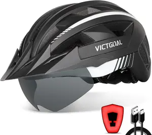 VICTGOAL Bike Helmet with USB Rechargeable Rear Light Detachable Magnetic Goggles Removable Sun Visor Mountain & Road Bicycle Helmets for Men Women Adult Cycling Helmets