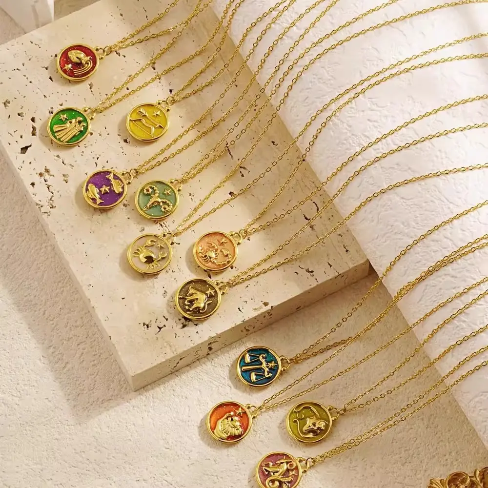 Women’s Gold-Tone 316L Stainless Steel Zodiac Necklace - Round Coin Pendant with Colorful 12-Sign Design (Cancer,Aries,Sagittarius,Gemini,Virgo), Everyday Gift for Her (Fashion Costume Jewelry Accessory), Capricorn, Scorpio, Aquarius, Pisces, 20.2Mm × 16.