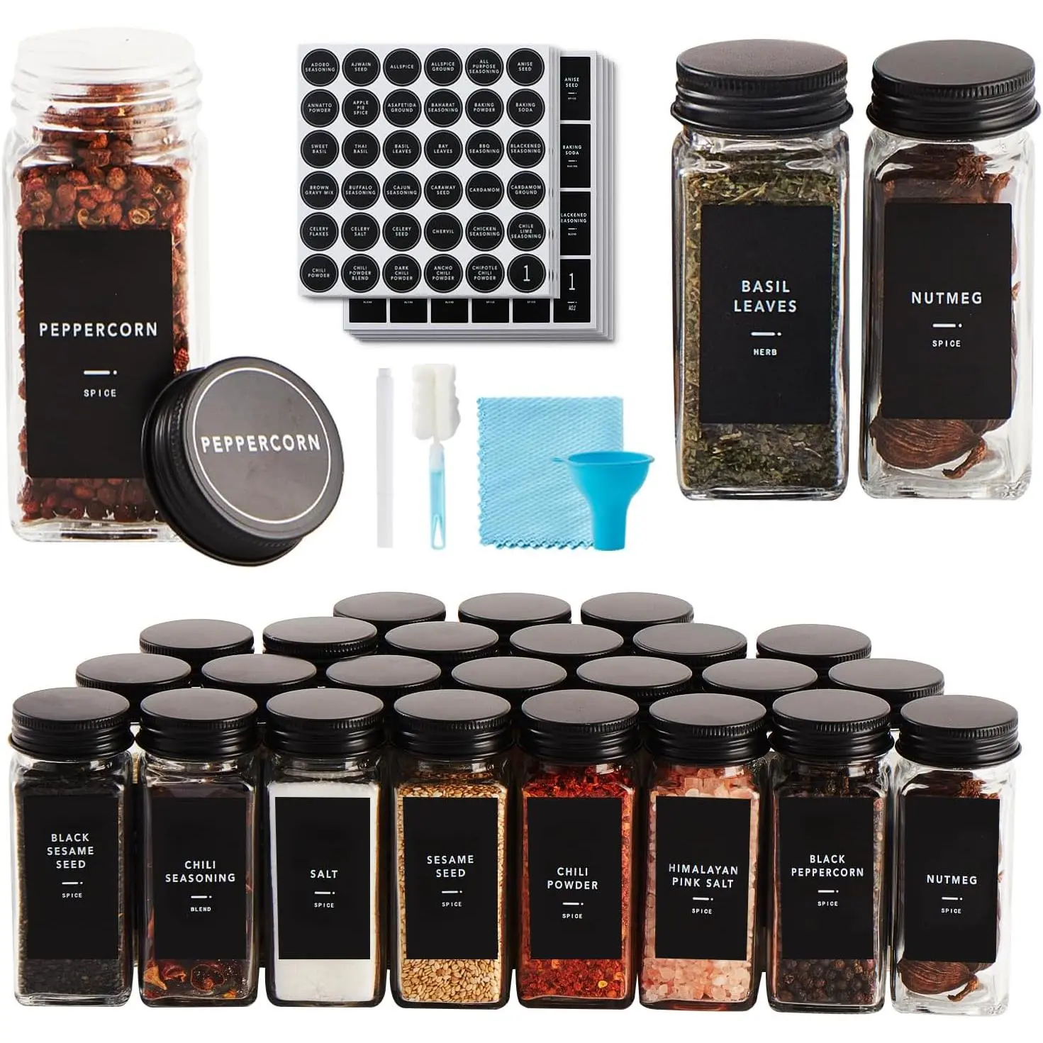 25 count  Jars with Label- Glass  Jars with Black Metal Caps,Shaker , Funnel, Chalk Pen, Brush,Cleaning Cloth 4oz Seasoning Containers Bottles for  Rack, Cabinet, Drawer