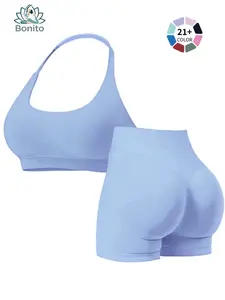 Women's Halter Neck Sports Bra & High Waist Shorts Set, Seamless Slim Fit Workout, Breathable Quick Dry for Yoga Running Casual Wear