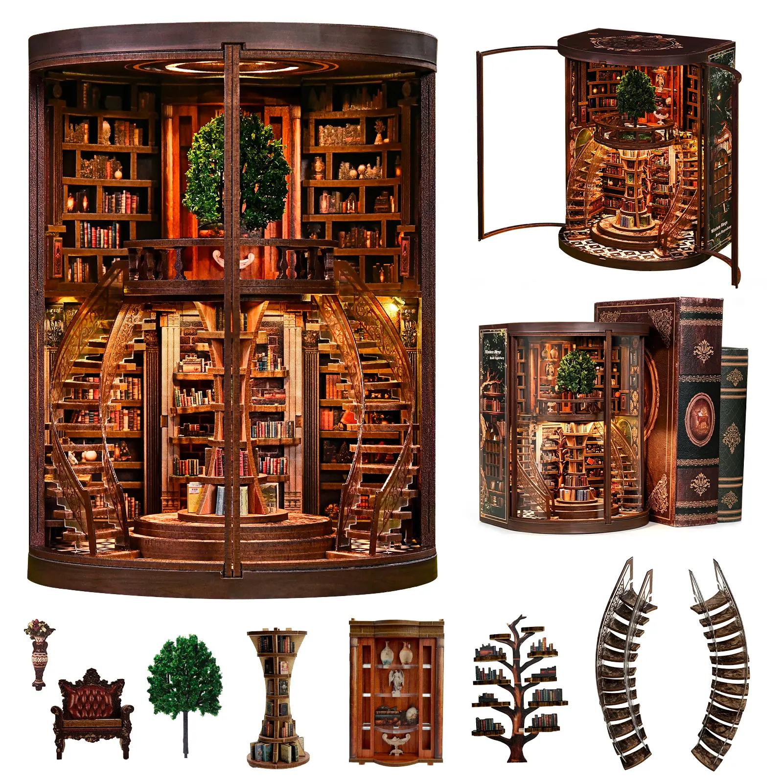 Wisdom Rings Book Nook Kit - Adult-Only Wooden Handmade Puzzle with Pre-Cut Wood, LED Lights, Spiral Staircase, Kit Components, Wooden Bookshelf Ornament, Decor Craft Gift for Book Lovers (for Anniversaries)