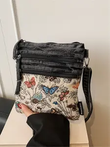 Simple Denim Fabric Butterfly Print Shoulder Small Square Bag, Multi-Pocket Elegant Crossbody Phone Bag, Stylish Daily Use Accessory, Crossbody Messenger Bag, Denim Shoulder Purse