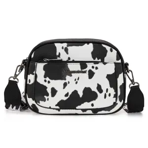 Montana West Small Crossbody Bags for Women Cow Print Purse Triple Zip Shoulder Handbags with Wide Strap