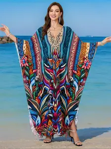 Women's All Over Print V Neck Cover Up Dress, Swim Cover Ups, Casual Boho Style Long Sleeve Cover Up Dress for Beach Holiday Vacation, Ladies Clothes for All Seasons